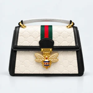 Gucci White Embossed Bee Lock Handbag with Gold Hardware & Green Red Stripe 9693 (Raplica)