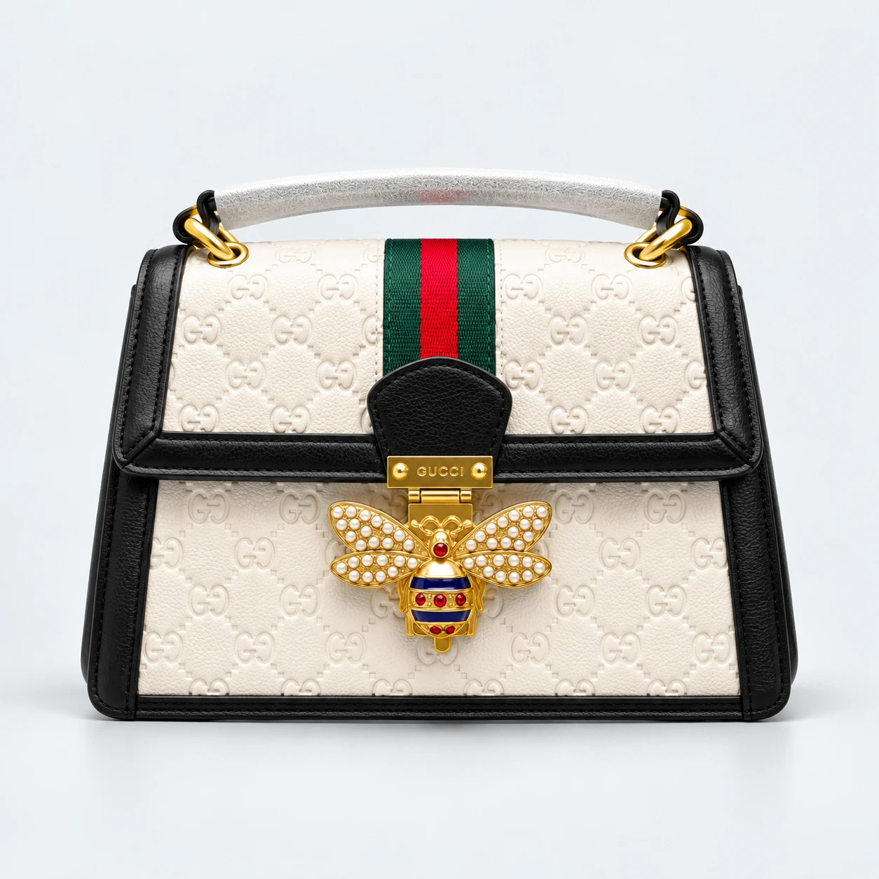 Gucci White Embossed Bee Lock Handbag with Gold Hardware & Green Red Stripe 9693 (Raplica)
