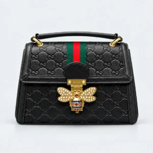 Gucci Black Embossed Bee Lock Handbag with Gold Hardware & Green Red Stripe 9693 (Raplica)