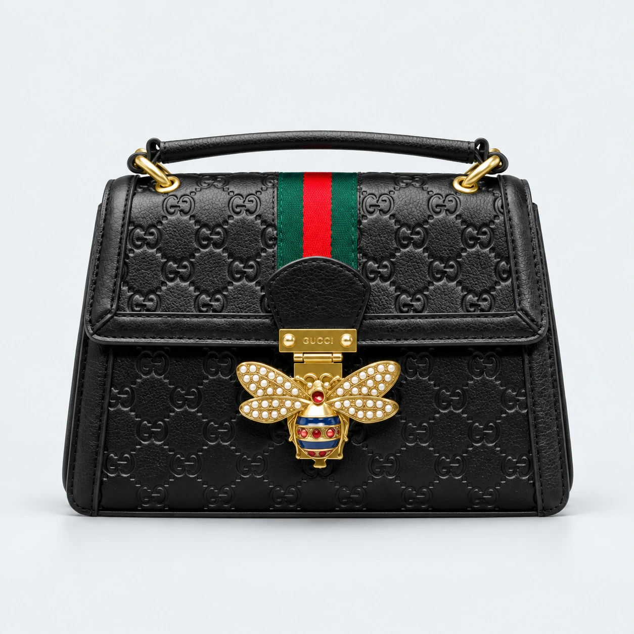 Gucci Black Embossed Bee Lock Handbag with Gold Hardware & Green Red Stripe 9693 (Raplica)