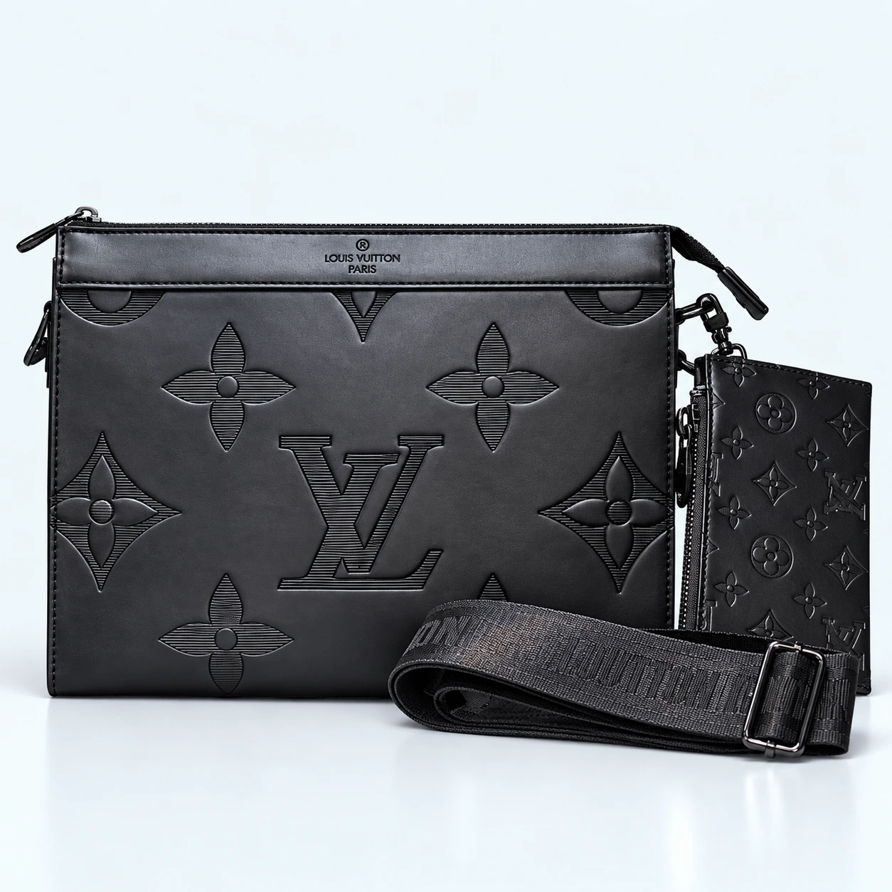 ChatGPT Image Sep 18, 2026, 11_33_23 AM Louis Vuitton Trio Messenger Monogram Macassar – Luxury 3-in-1 Crossbody Shoulder Bag LV Large Embosed BLack 2213 - Image 1